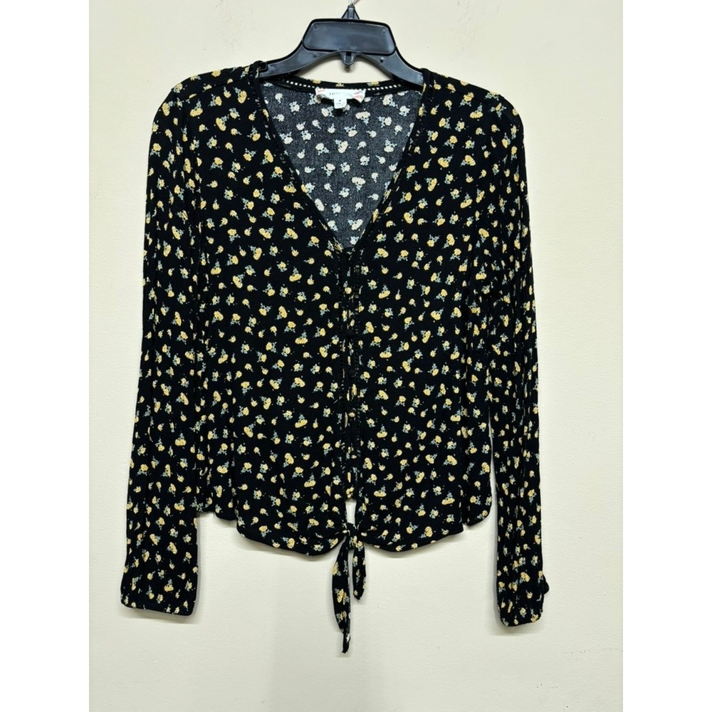 Pink Rose Floral Tie Front Cardigan Size M Black Yellow Ditsy Boho Top